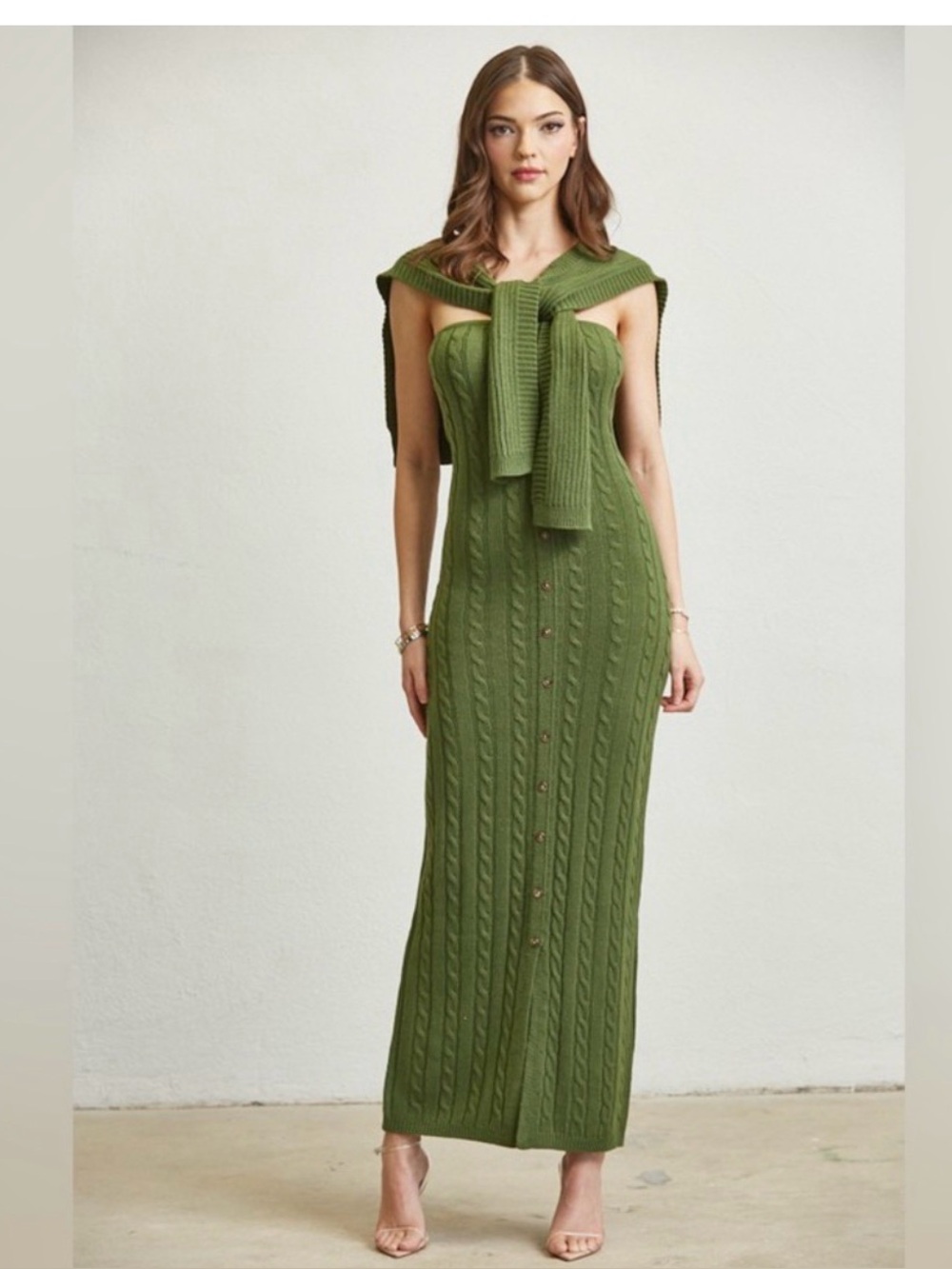 Blythe Olive Cable-Knit Maxi Dress with Sweater Tie